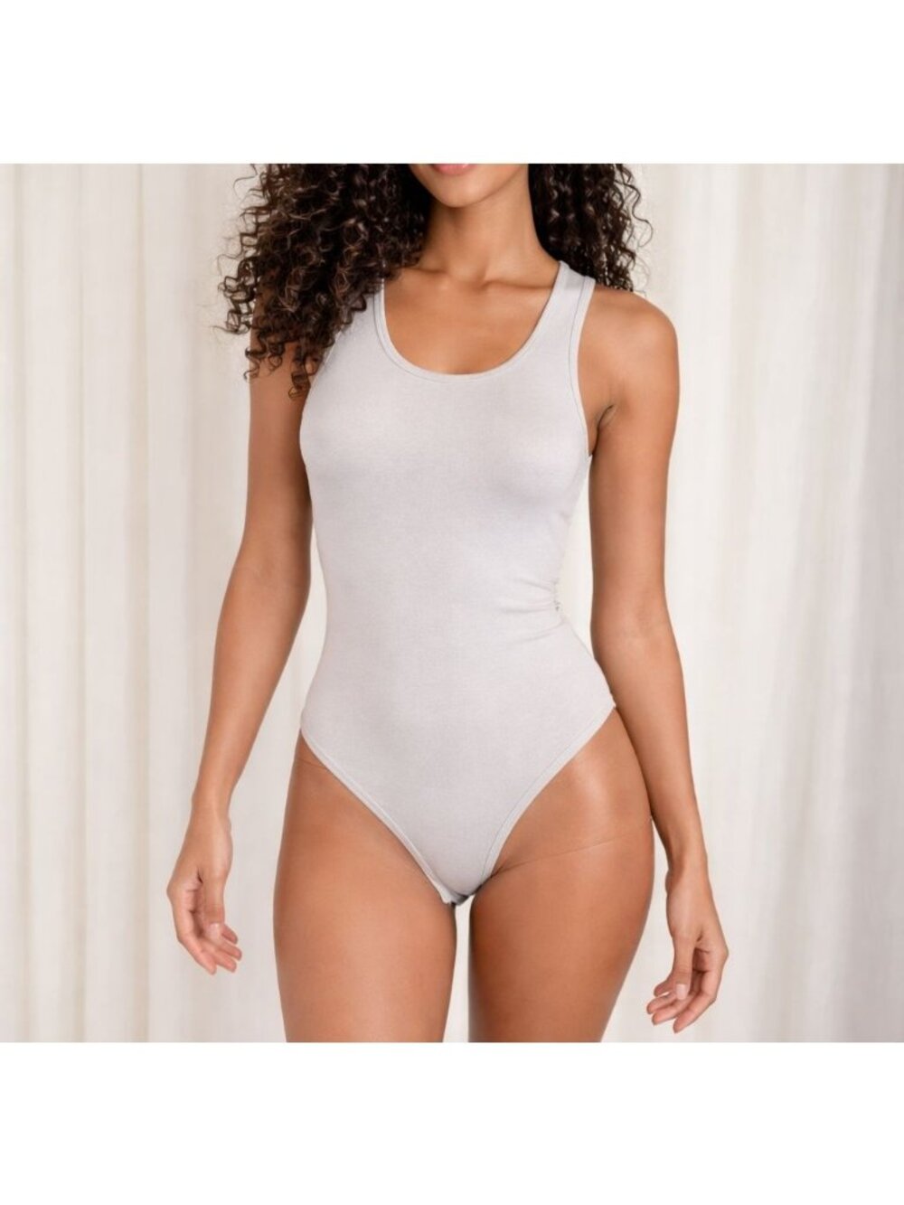 Zenana Racerback Scoop Neck Snap Bottom Basic Tank Top Leotard Bodysuit Cream MD